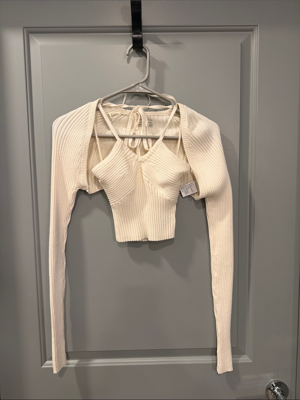 American Eagle Outfitters Cream Ribbed Cropped Tie-Back Top